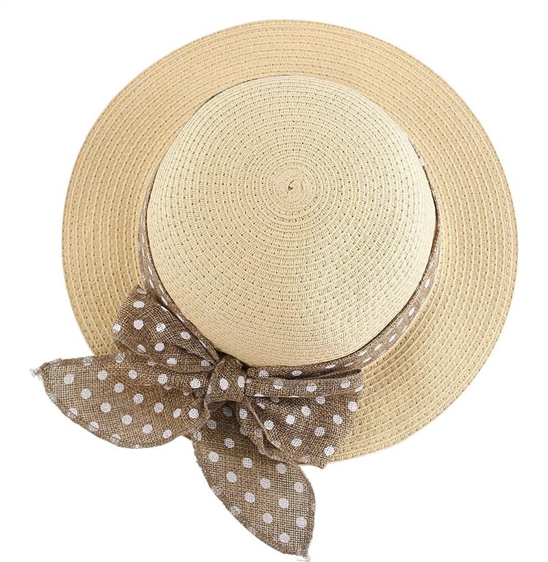 Connectyle Kids Lovely Summer Straw Hat Bowknot Beach Sun Protection Hats for Girls Beige 4-7 Years - Image 5